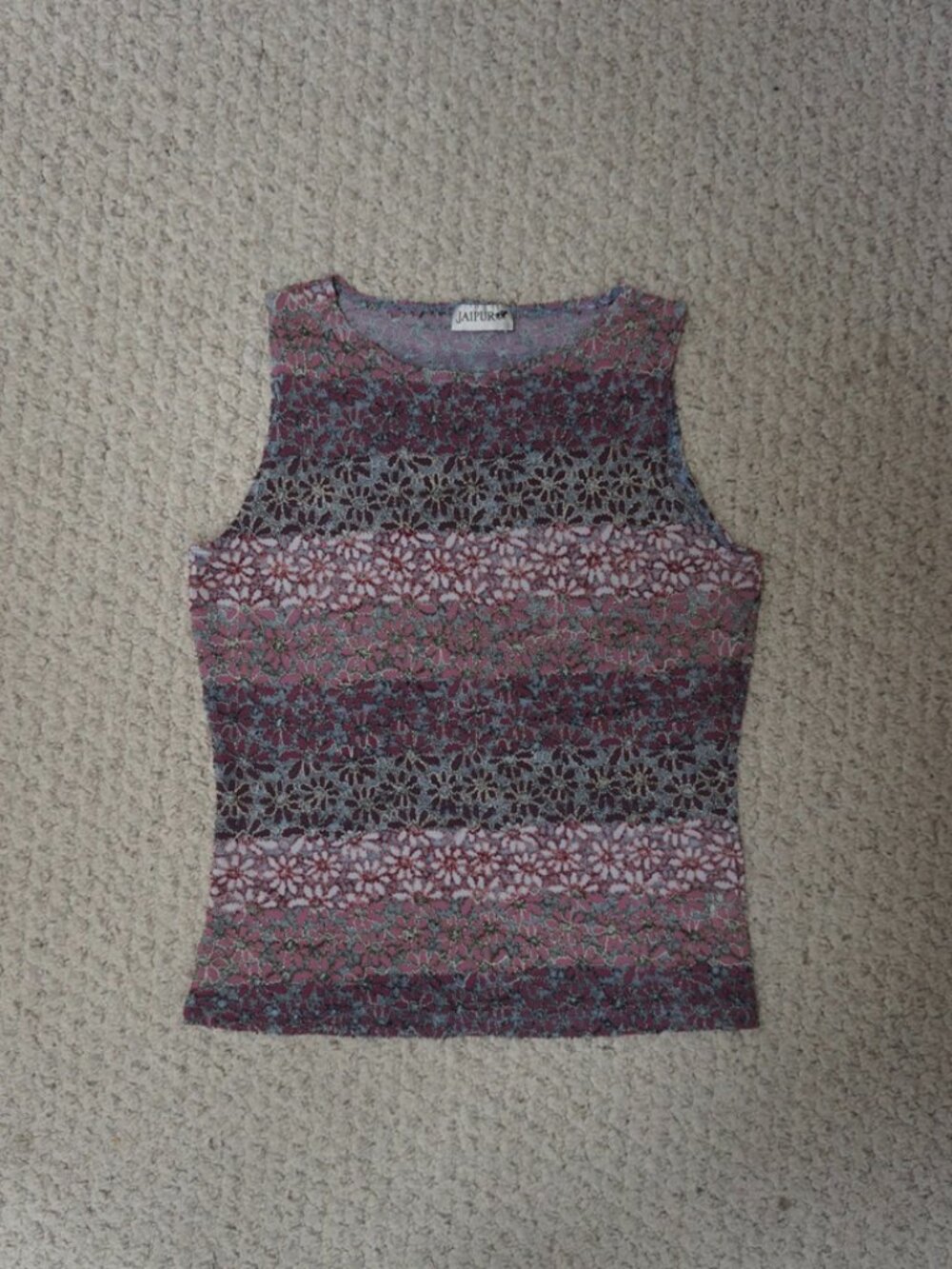 Vintage Jaipur Whimsy Floral Mesh High Scoop Boat Neck Stretchy Striped Purple T